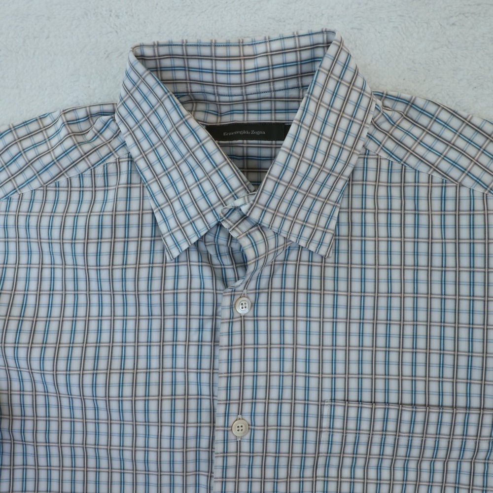 Ermenegildo Zegna Shirt Mens Large White/Blue Button Up Long Sleeve Plaid Casual